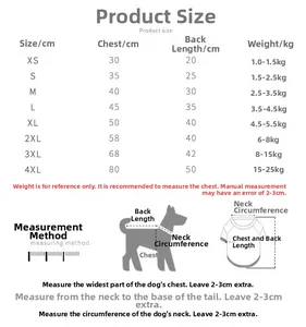 Size chart for Christmas pet clothes showing chest and back measurements for dogs and cats
