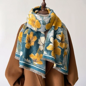 Châle femme en cachemire à fleurs jaune et bleu avec franges pour l'automne-hiver