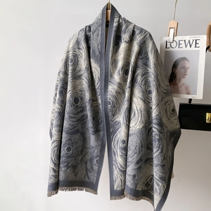 Elegant grey floral print scarf with soft tassels and large abstract roses for autumn wear
