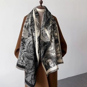 Women Winter Faux Cashmere Scarf Floral Rose Print Tassel Warm Shawl Wrap Vintage Elegant Double Sided Thick