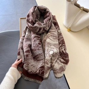 Elegant thick winter shawl with vintage floral patterns and fringe details for women