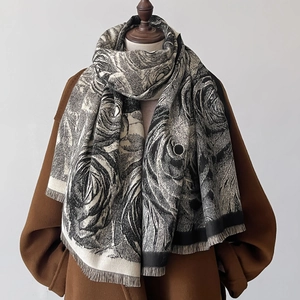 Elegant vintage floral print shawl scarf with fringe edges and black swirl patterns