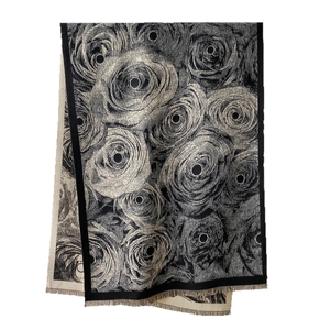 Elegant vintage floral print shawl with fringe details in black and beige
