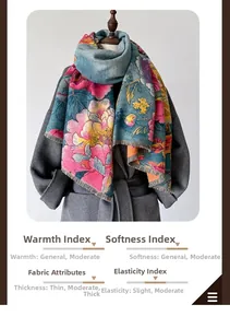 Détail de l'écharpe à fleurs montrant la texture épaisse du tissu chaud et la matière douce