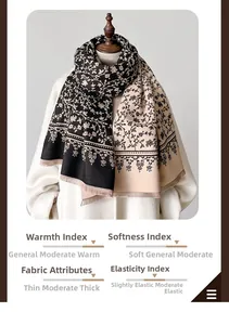 Detail of thick faux cashmere shawl with black floral vine patterns and delicate fringe