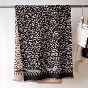 Elegant black and beige cashmere feel scarf with vintage floral vine pattern and fringe