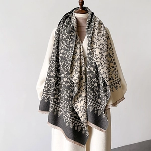 Faux Cashmere Winter Scarf Shawl Reversible Floral Vine Pattern Thick Warm Elegant Tassel Fringe Wrap For Women