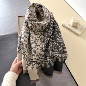 Elegant floral jacquard cashmere-feel scarf with tassels in cream and grey tones
