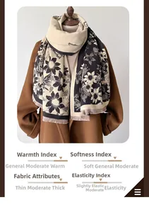 Close-up of floral shawl texture with elegant tassel edges on a wool coat base