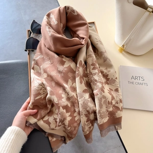 Vintage floral butterfly knit shawl with fringe in coffee and beige tones
