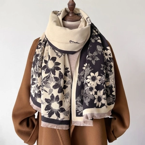 Vintage floral jacquard shawl with fringe on brown wool coat for winter fashion