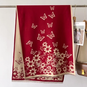 Vintage red and beige floral butterfly shawl with tassels for women winter style