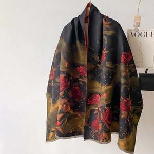 Retro Rosenblüten Print Schal Schal Imitation Kaschmir Verdickt Warm Elegant Quaste Wrap Für Frauen Winter Herbst