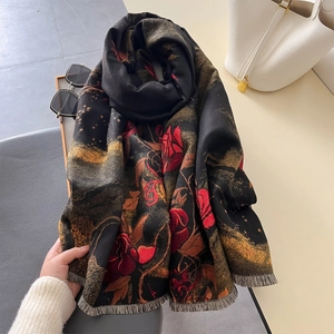 Eleganter Kaschmir-Gefühl-Schal mit roten Rosenmustern und feinen Quasten für Damen
