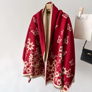 Women Winter Scarf Faux Cashmere Butterfly Floral Jacquard Shawl Elegant Warm Retro Wrap With Tassel Fringe