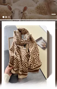 Macro view of geometric pattern weave and fringe on brown cashmere-like scarf