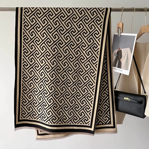 Thick cashmere-feel geometric Greek key scarf with fringe for winter warmth