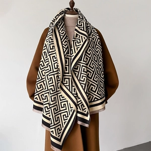 Winter Scarf Shawl For Women Faux Cashmere Geometric Greek Key Pattern Thick Warm Double Sided With Tassels Soft Wrap