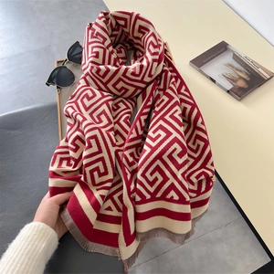 Thick geometric red and beige cashmere-feel winter scarf with classic greek key pattern