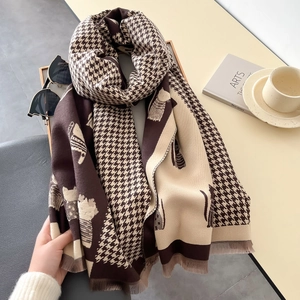Thick knit cat pattern scarf with houndstooth and tassels in dark brown and beige colors