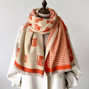 Orange cat silhouette and houndstooth pattern thick knit scarf with fringe details