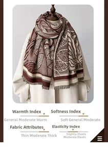 Detailed view of warm thick faux cashmere scarf with leaf fringe and geometric patterns