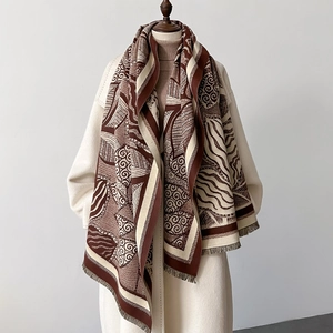 Women Winter Scarf Shawl Faux Cashmere Leaf Print Thickened Warm Elegant Tassel Wrap Long Pashmina Vintage Fashion