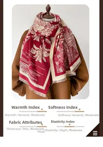 Detail view of red and beige scarf with vintage palm patterns and tassel edges