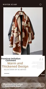 Close-up of thick retro brown winter scarf with beige floral patterns and fringe edges
