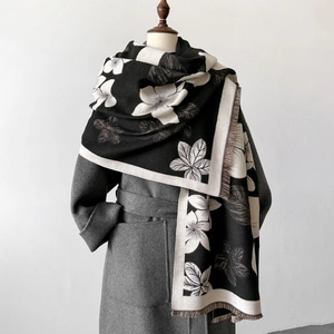 Women Winter Scarf Shawl Imitation Cashmere Floral Print Thick Warm Windproof Tassel Pashmina Wrap Elegant Fashionable