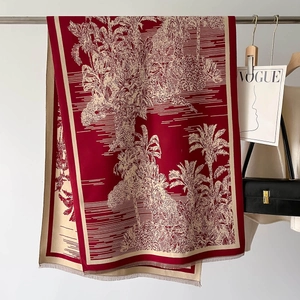 Fashionable red and beige pashmina shawl with tropical palm tree print and tassel fringe