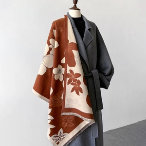 Elegant floral knit shawl scarf in caramel and beige with fringe details for autumn/winter