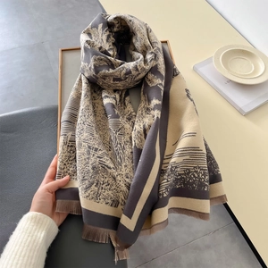 Artistic landscape landscape pattern beige scarf with tassels for winter fashion