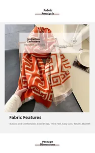 Detail of soft orange and beige imitation cashmere scarf with tassels and geometric print