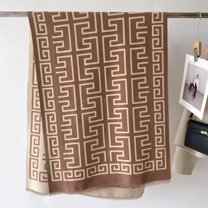 Brown and beige Greek key patterned scarf with fringe, elegant two-tone pashmina wrap
