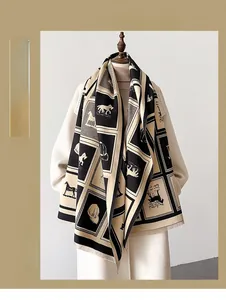 Detail of equestrian horse pattern on thick reversible faux cashmere winter scarf