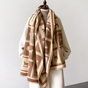 Classic horse pattern plaid scarf with fringe edge in warm brown and beige tones