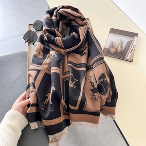 Classic horse pattern plaid pashmina scarf with elegant tassels for autumn and winter