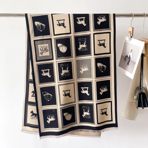 Plaid checkered scarf with horse print and tassels in premium beige and black colors