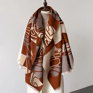 Sciarpa Donna Stampa Geometrica Astratta Imitazione Cashmere Scialle Caldo Invernale Con Frange Colore Contrastante