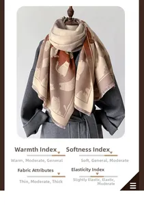 Close-up of thick gradient knit scarf with cartoon cat pattern in beige and brown colors