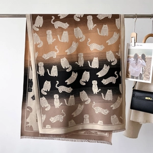 Detailed texture of thick cat print scarf featuring gradient brown to black knit fabric