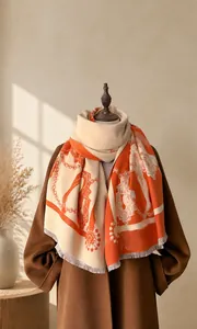 Detalle de estampado de cadena y caballo en chal grueso naranja y beige estilo cachemira
