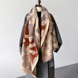 Women Cartoon Cat Print Faux Cashmere Winter Scarf Gradient Color Thickened Warm Pashmina Shawl Wrap With Tassels