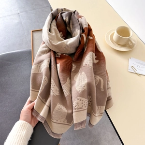 Gradient knit cat scarf with tassel details in khaki and coffee brown blocks