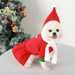 Festive Christmas dog dress set with red hooded skirt and white faux fur scarf for small pets