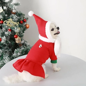 Detail of Christmas pet dress with soft white plush trim and snowman pattern on the back