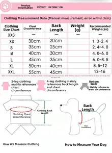 Tableau des tailles pour gilets et robes pour animaux avec mesures de poitrine et dos