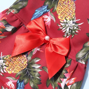 Gros plan du tissu pour animaux avec imprimé ananas et nœud en satin rouge et perle