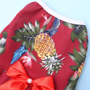 Détail d'une robe pour animal bordeaux avec motifs ananas et nœud en satin rouge à perle